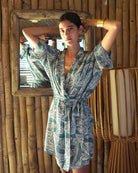 Slide out of bed and don't bother dressing for breakfast in Pink House crepe de Chine silk monochrome green-grey Whale print robe, top and shorts set by designer Lotty B for Pink House