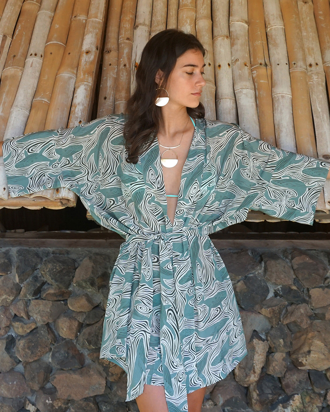 Wake up in luxurious silk Bed to beach robe in monochrome green-grey Whale print by designer Lotty B Mustique