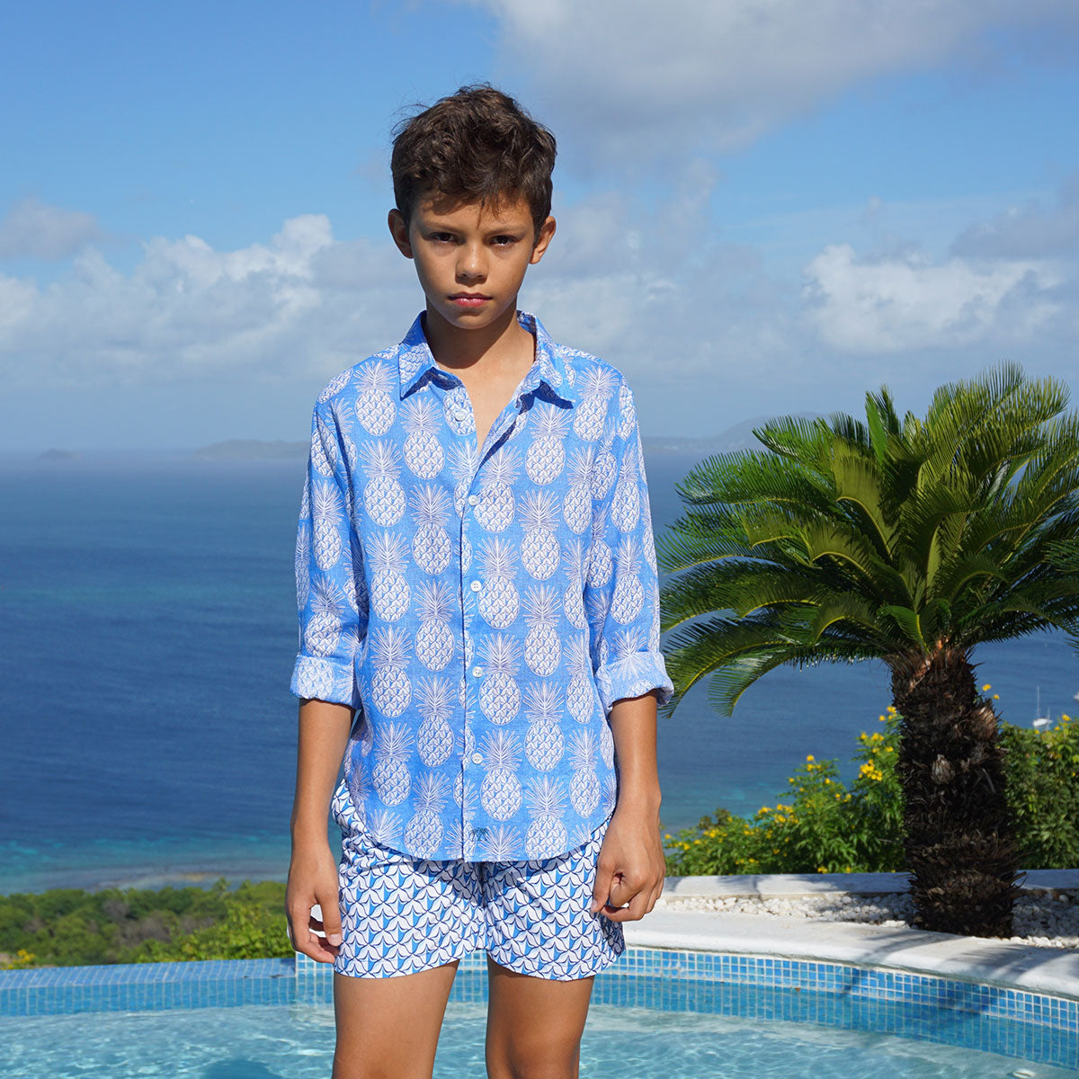 Boys swim trunks : PINEAPPLE PRICKLES - BLUE childrens Mustique island style