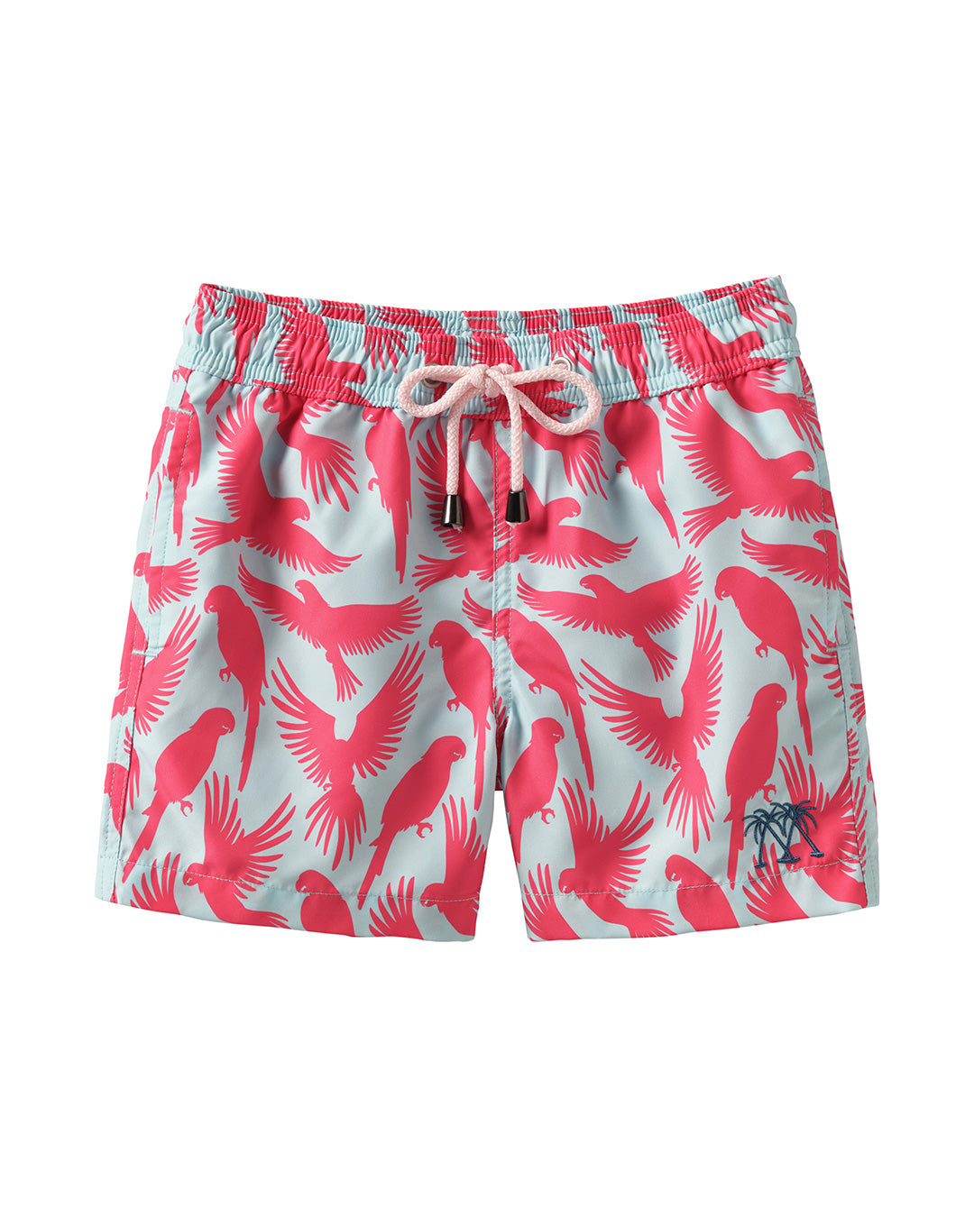 Boys swim shorts in turquoise blue and coral red Striped Shell print by designer Lotty B