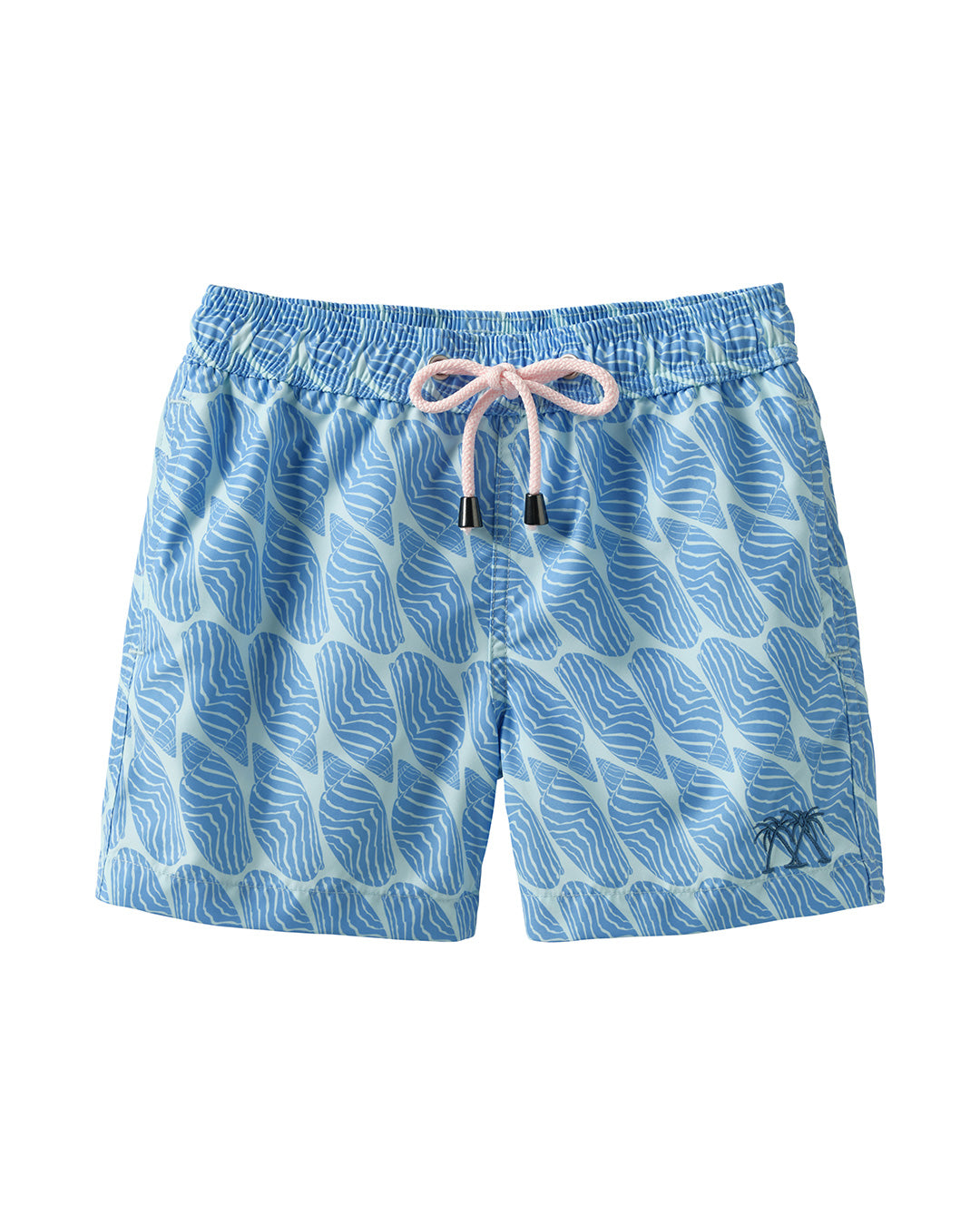 Boys swim shorts in blue Striped Shell print by designer Lotty B