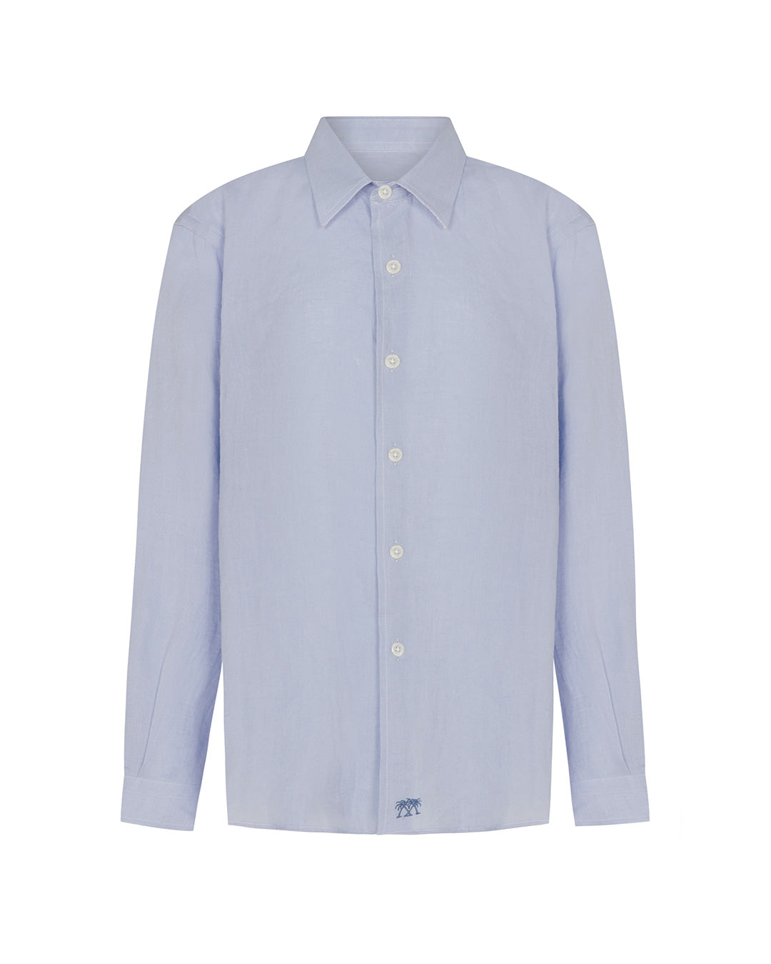 Children's long sleeved plain azul blue linen shirt by designer Lotty B for The Pink House Mustique