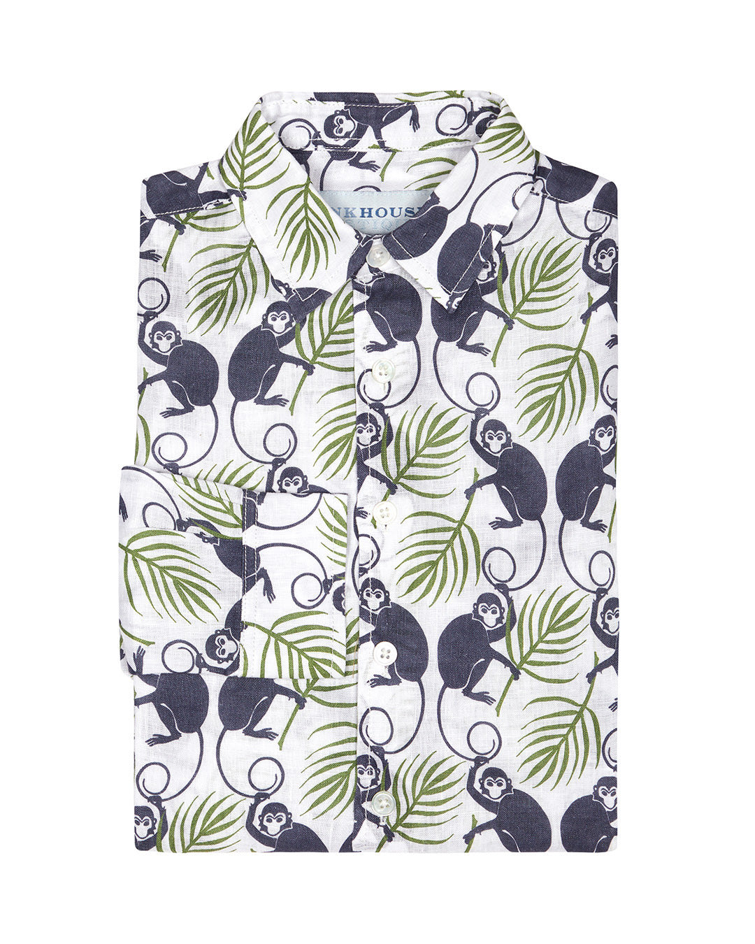 Children's premium linen shirt in green and navy blue monkey print