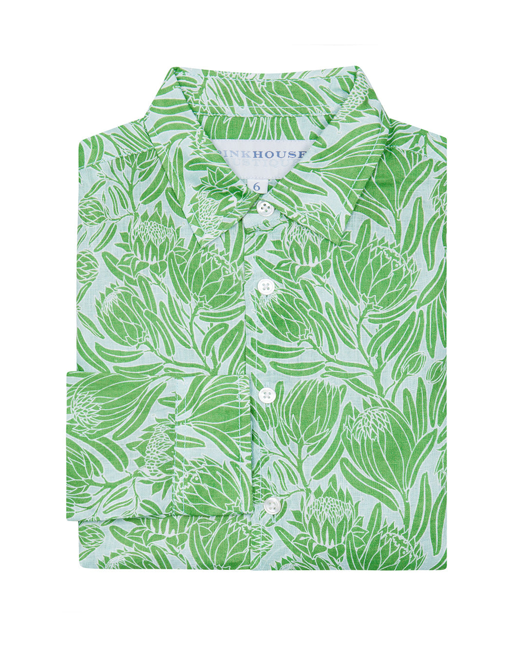 Childrens linen shirt in green floral Protea print by designer Lotty B for Pink House Mustique