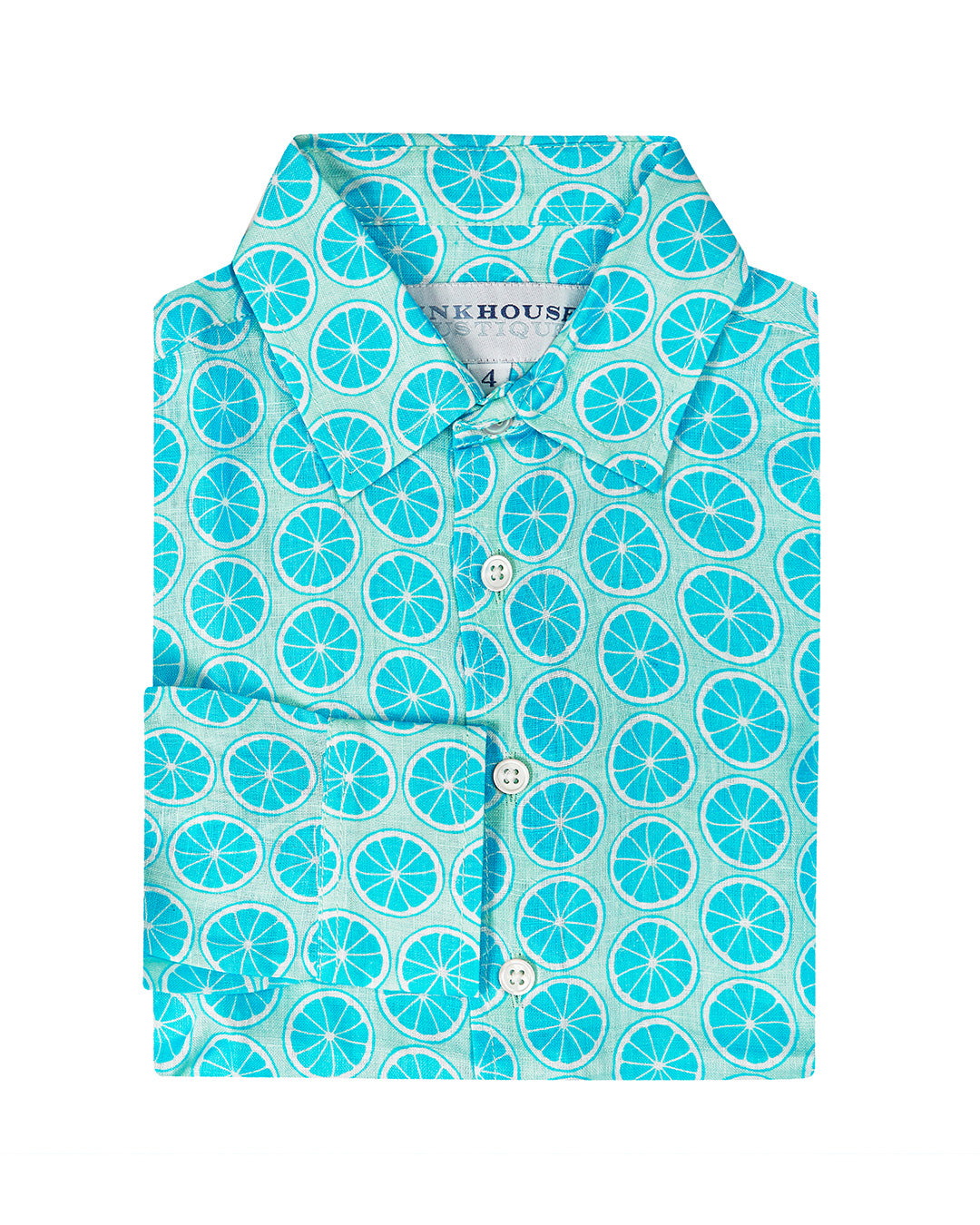 Kids linen shirt in turquoise blue lime slice print by Lotty B for Pink House