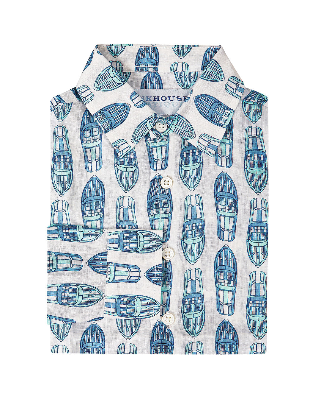 Kids linen shirt in blue Riva boat print by Pink House