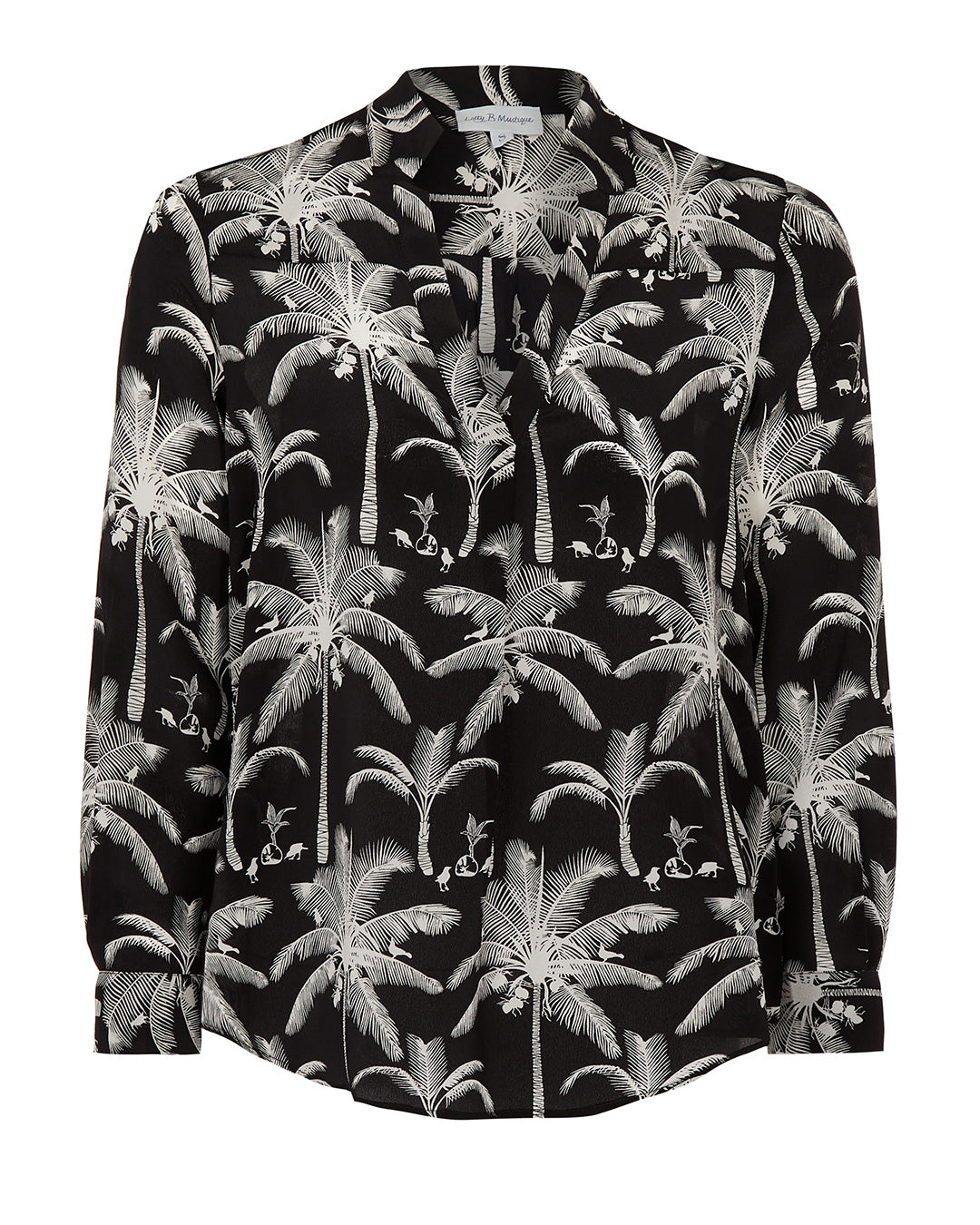 Women's silk blouse in black and white Plantation print by designer Lotty B for Pink House