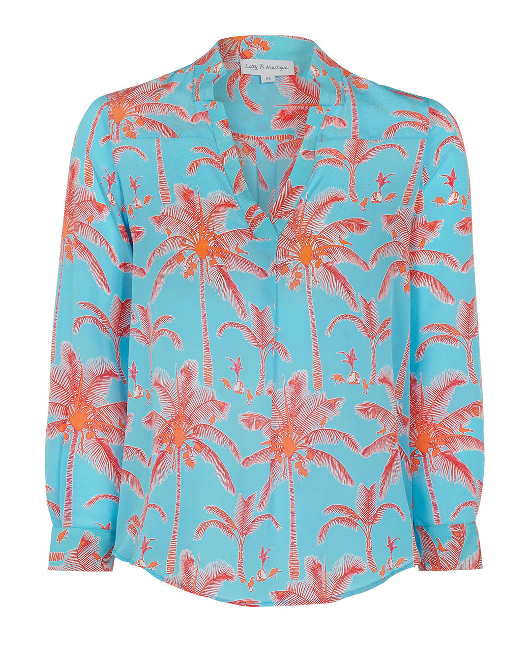 Womens silk Kim blouse in Plantation sunset orange and turquoise print by designer Lotty B for Pink House