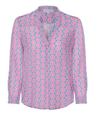 Womens pure silk Kim blouse  in Lime Slice blue and pink print by designer Lotty B for Pink House