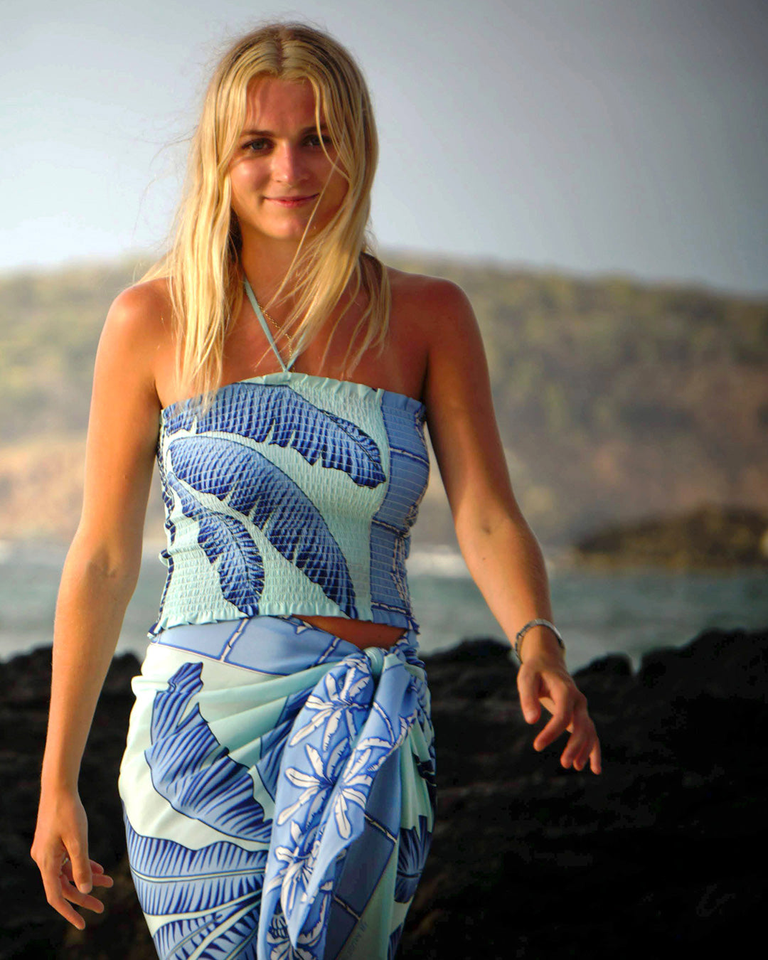 Elasticated shirred silk bandeau top Banana Tree Blue print by designer Lotty B Mustique