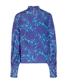 Buttoned neck at back of silk crepe Kelly blouse in violet & turquoise protea flower print by Lotty B