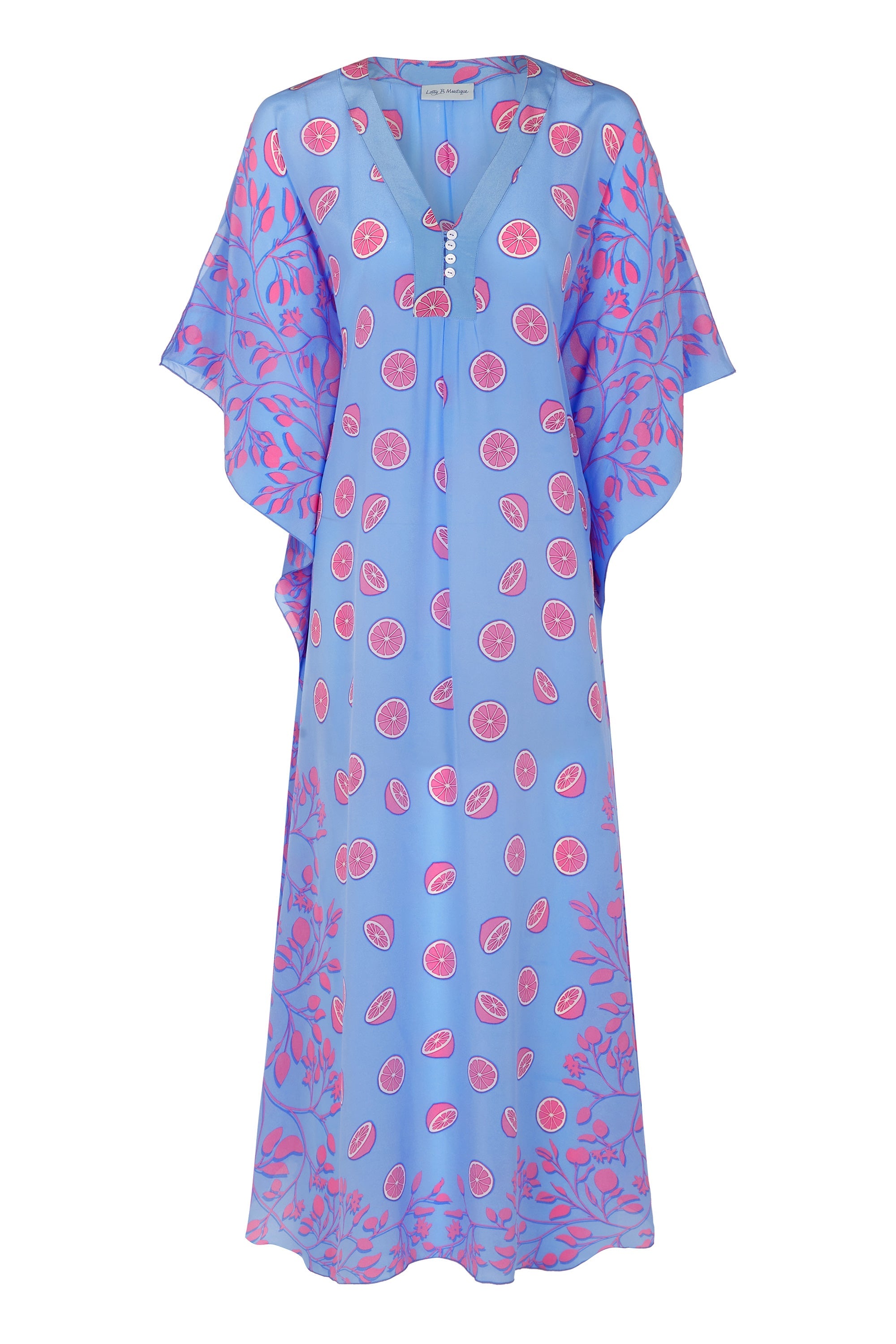 Designer silk kaftan in Lime Slice blue & pink print by Lotty B Mustique