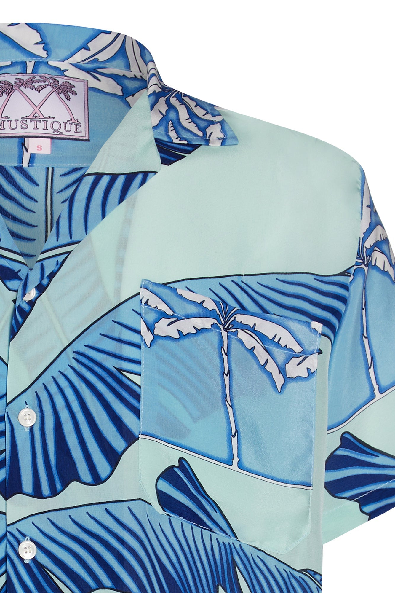 Lotty B unisex silk festival shirt in tropical Banana print in brilliant blues