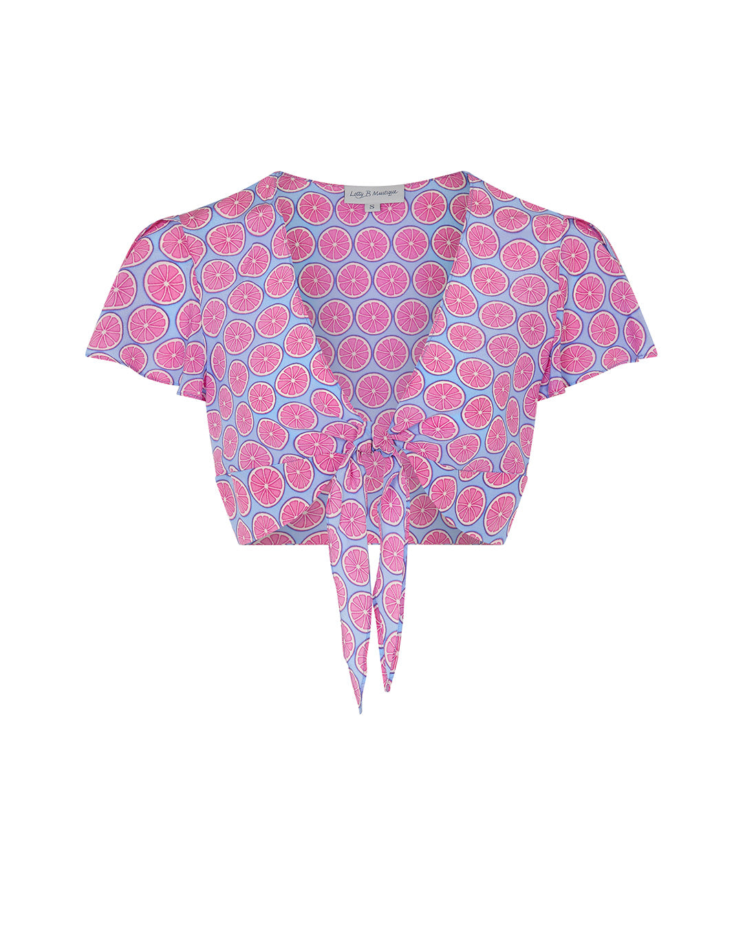 Lyla silk cropped tie-top with fluted cap sleeves by designer Lotty B Mustique