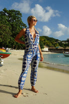 Lotty B Jumpsuit in Silk Crepe-de-Chine: FAN PALM REPEAT - BLUE luxury resort wear by Lotty B Mustique