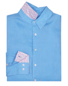 Folded Mens designer Linen Shirt by Lotty B for Pink House Mustique in plain French Blue