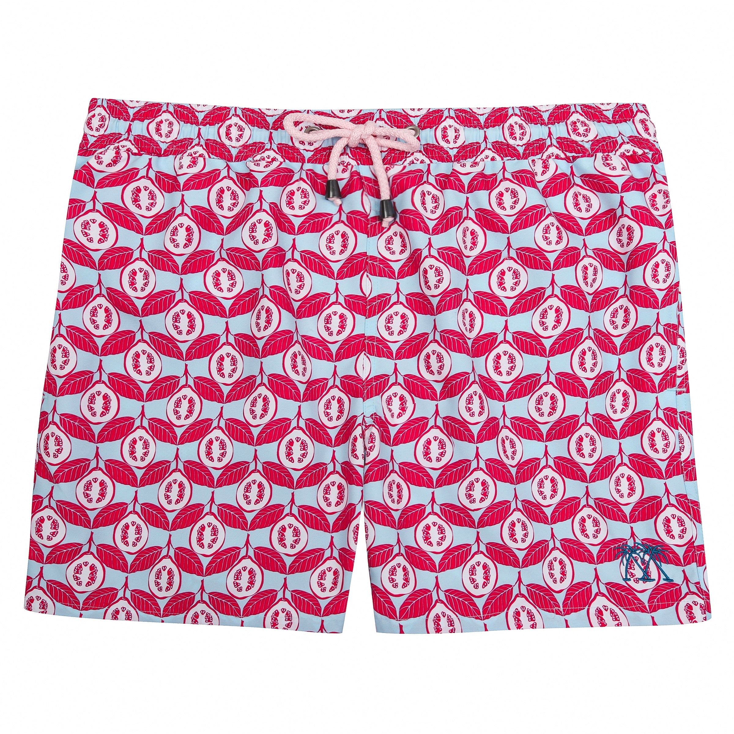 Mens designer swim wear Guava red print by Lotty B Mustique resort style