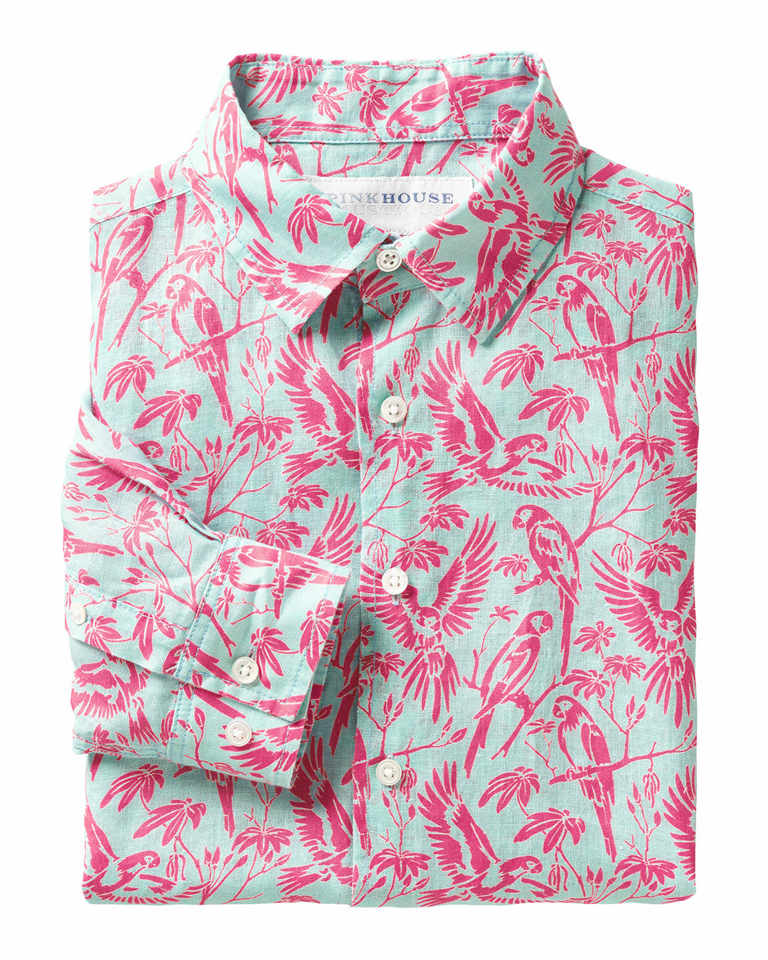 Men's linen shirt in blue Parrot print designer Lotty B Mustique