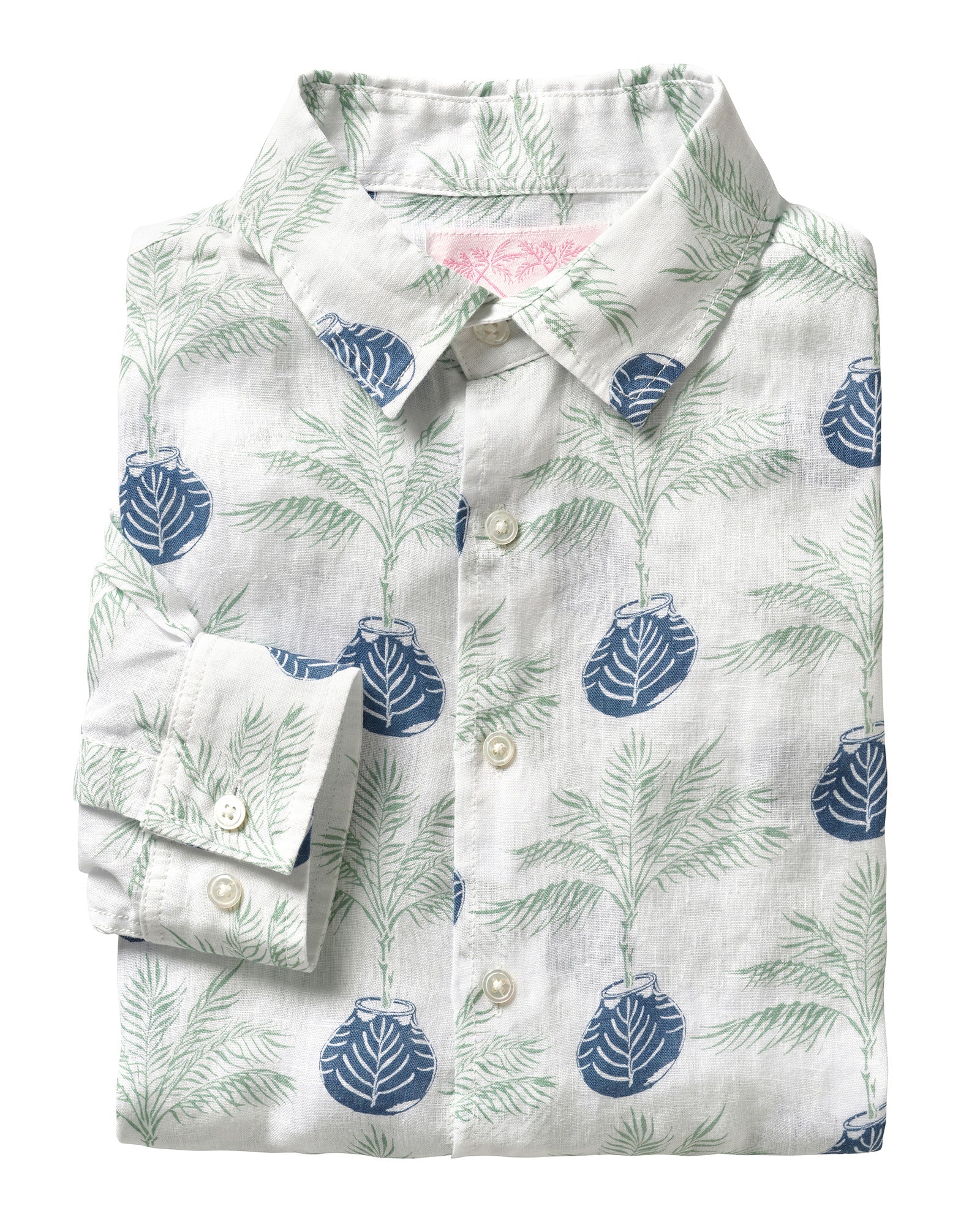 Men's linen shirt in blue and green Potted Palm print by Pink House