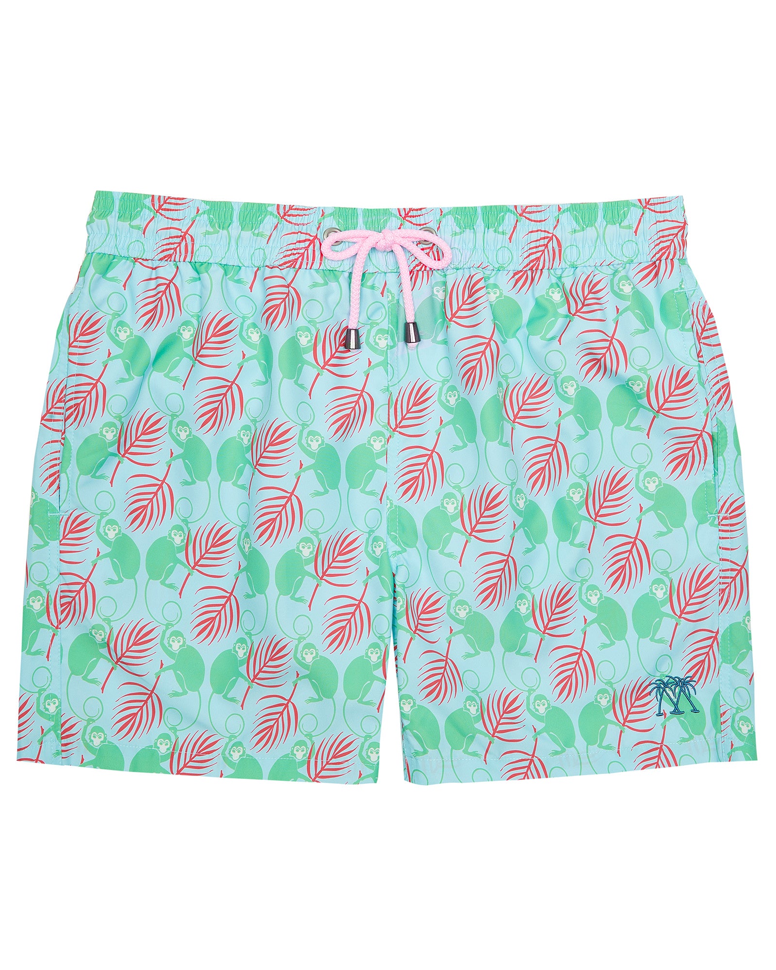 Men's swim shorts in Monkey & Palms green and pink crafted from premium recycled quick dry fabric 