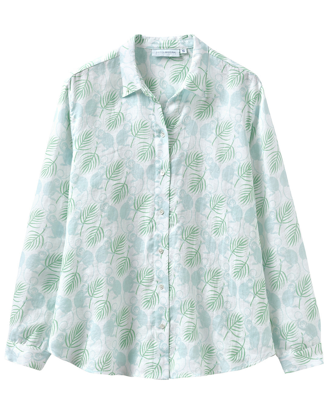 Women's linen shirt cover up in pale blue and green Monkey & Palm print by designer Lotty B