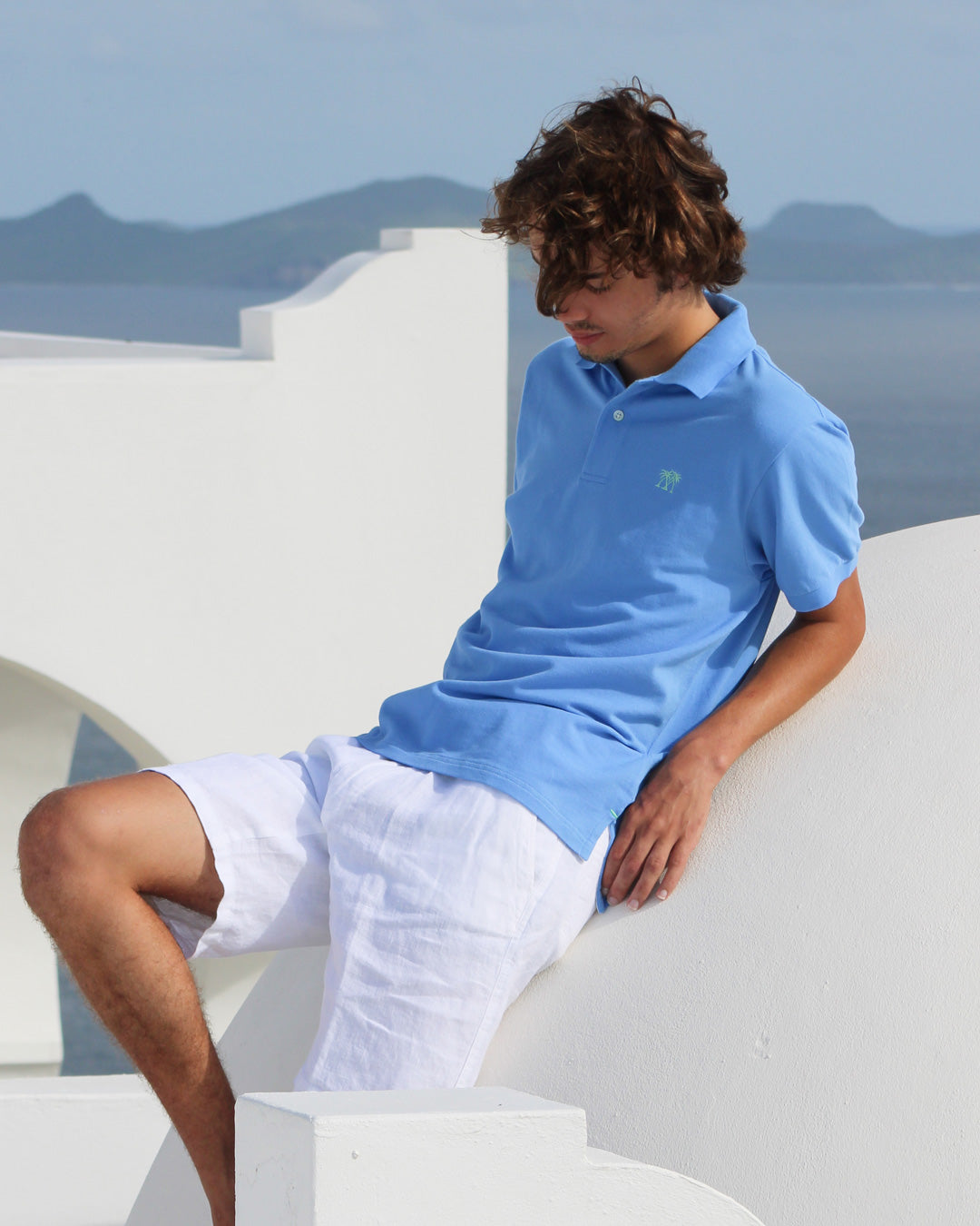 Mens pure cotton blue polo shirt holiday villa life