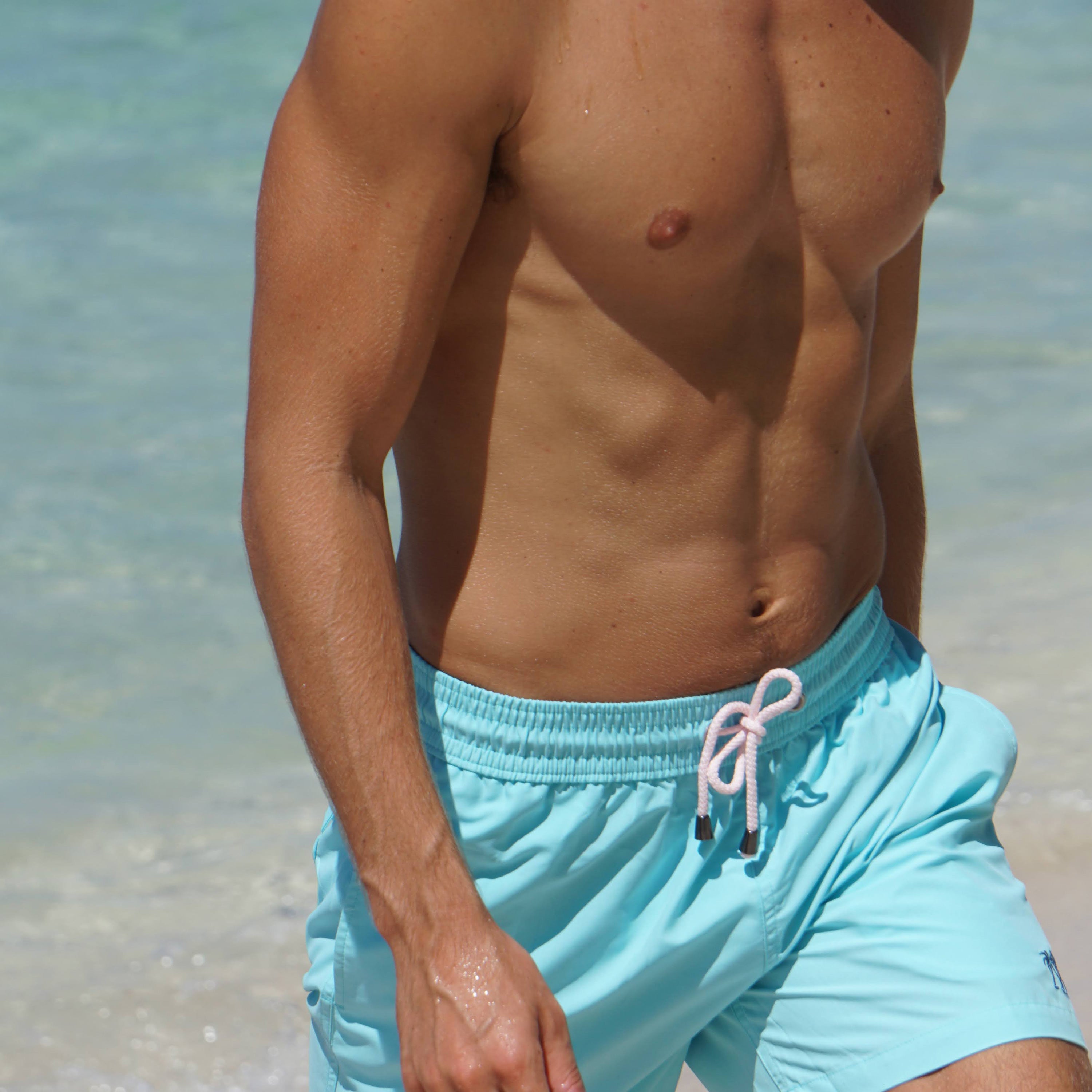 Mens Mako turquoise swim shorts waist detail drawstring Pink House Mustique summer beachwear