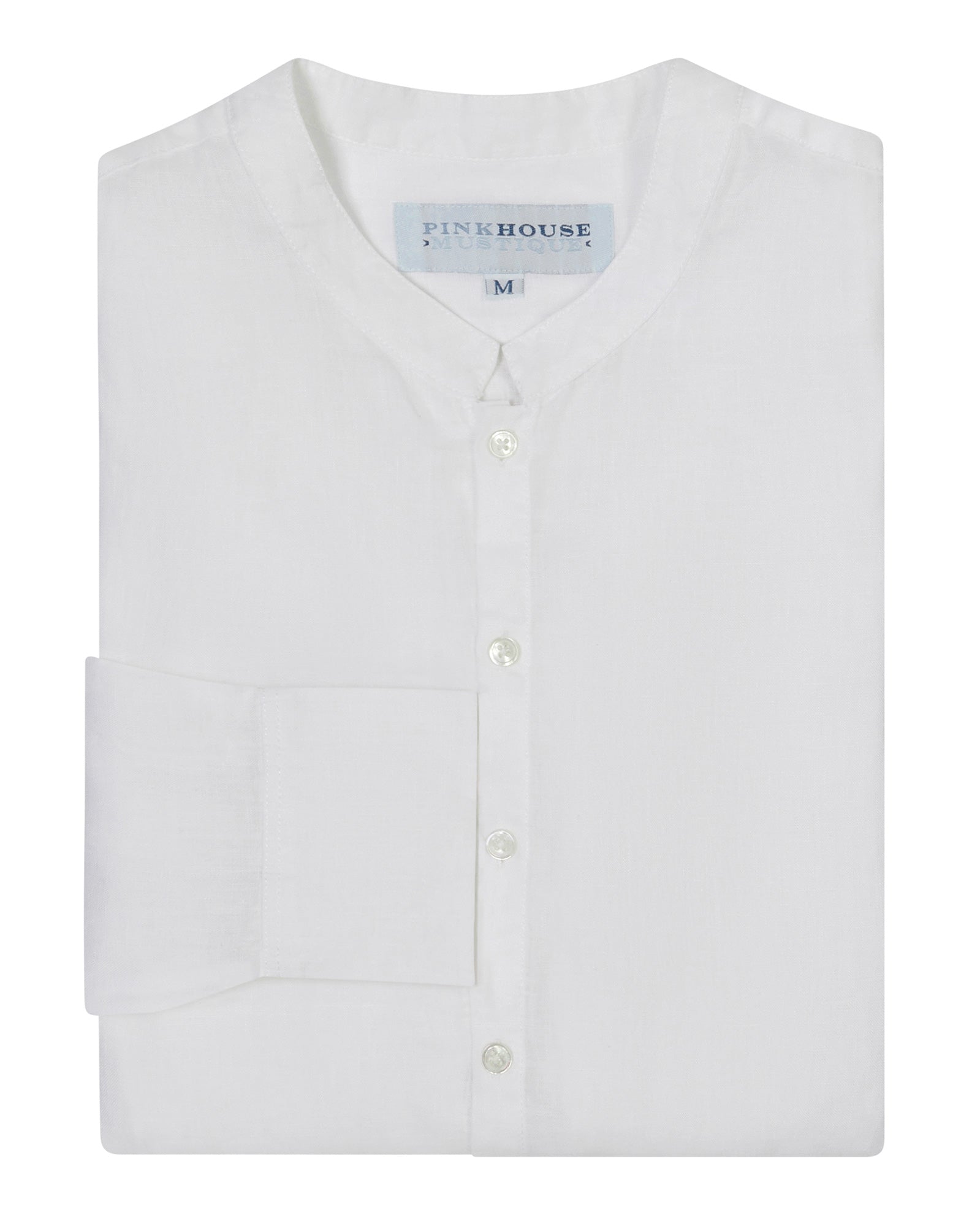 Folded Mens Collarless Linen Shirt : CLASSIC WHITE by designer Lotty B Mustique for Pink House