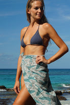 Silk scarf sarong in Whale monochrome design by Lotty B hand screen printed on crepe-de-chine. Mustique island lifestyle.