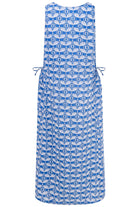 Womens Linen Maxi Sun Dress back detail, Guava blue print by Lotty B Mustique