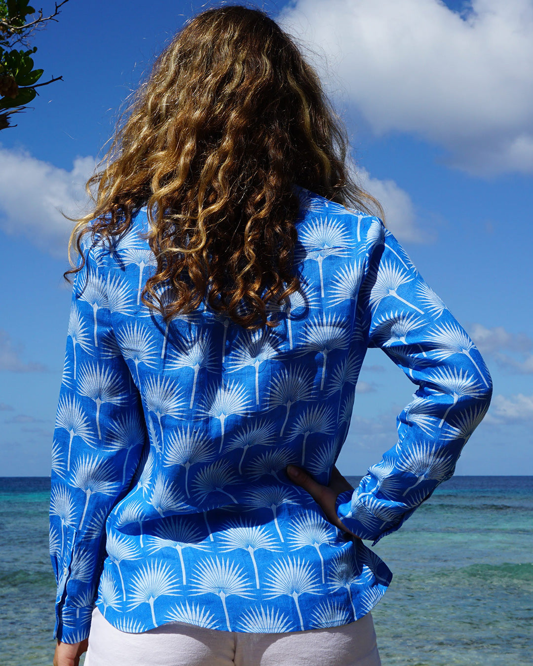 Womens Linen Blouse: FAN PALM PALE BLUE / MID BLUE Caribbean shirts