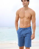 Adjustable mens linen beach shorts in mid blue by Pink House