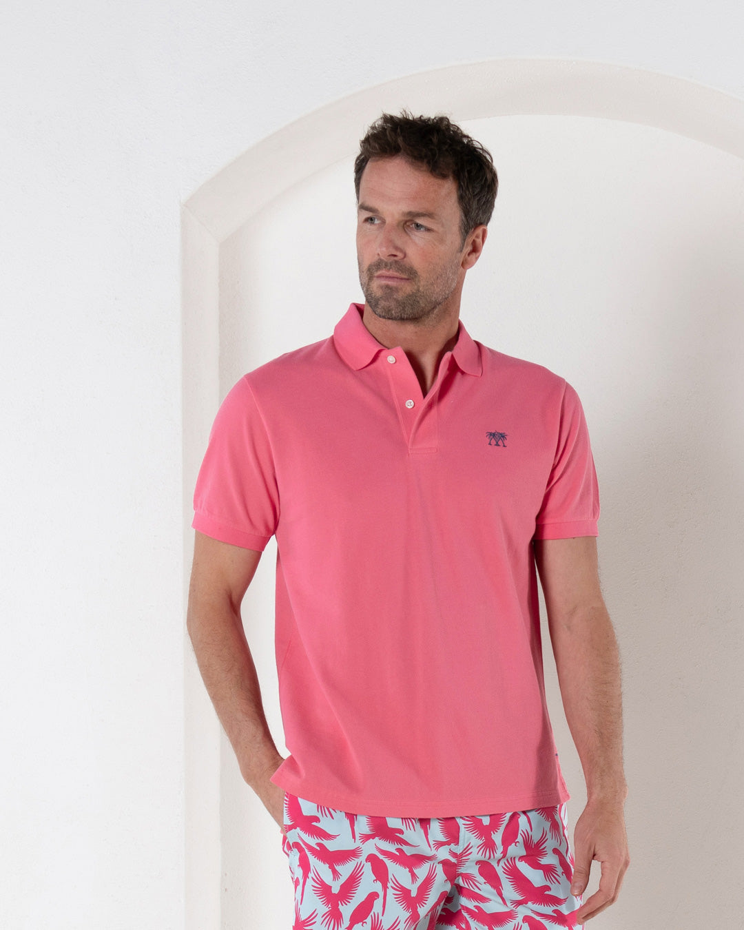 Mens beach style pure cotton coral pink polo shirt