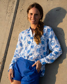 Beach villa women's linen shirt cover up in Pomegranate blue print by designer Lotty B