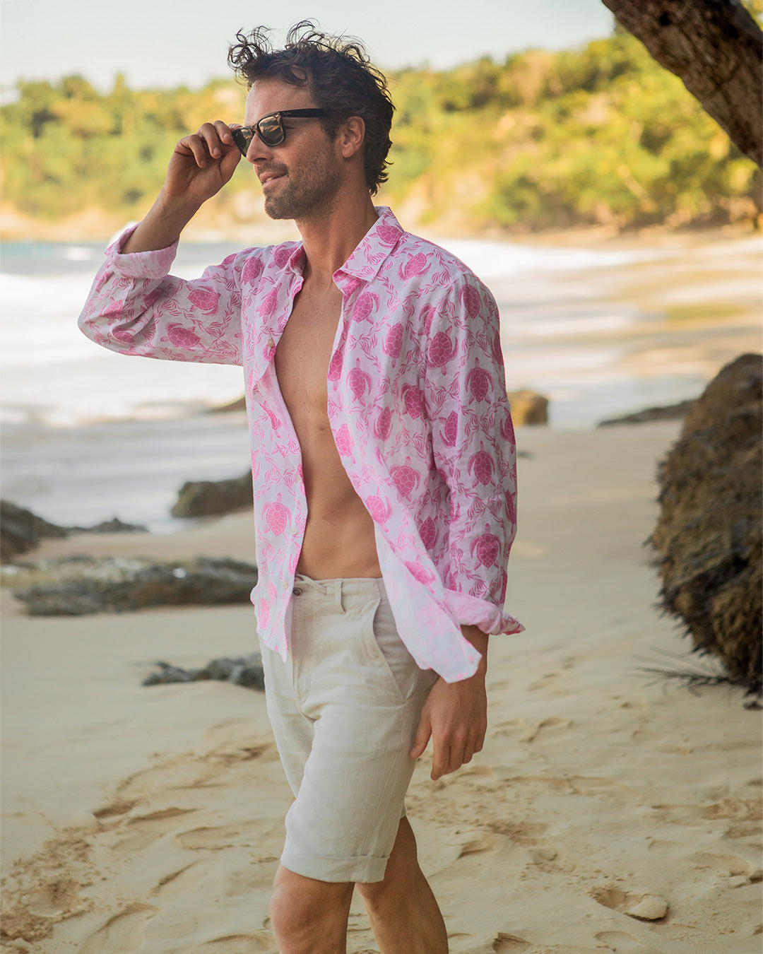 Mens beach vacation shorts in natural beige pure linen with pink linen Turtle shirt by Pink House