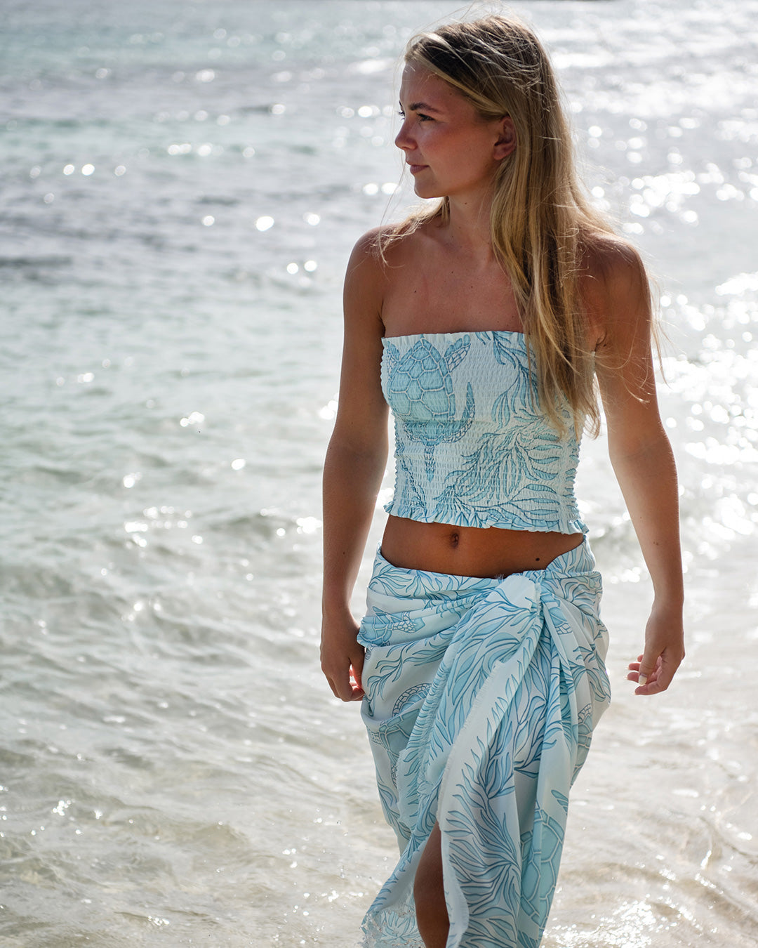 Shirred silk bandeau top in Turtle aqua blue print matching sarong Mustique island chic by designer Lotty B  for Pink House 