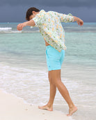 Beach vacation shirt in green and yellow Mango print by Pink House