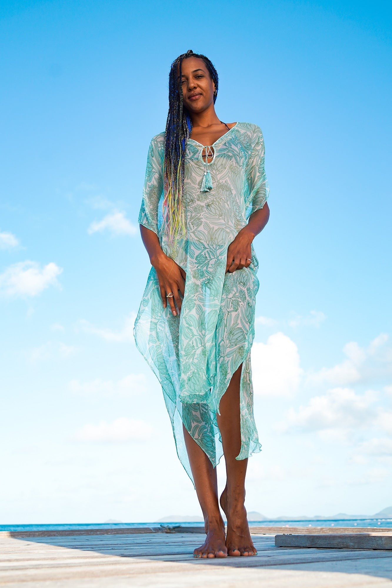 Designer vacation style in sage green and white Protea design by Lotty B Mustique