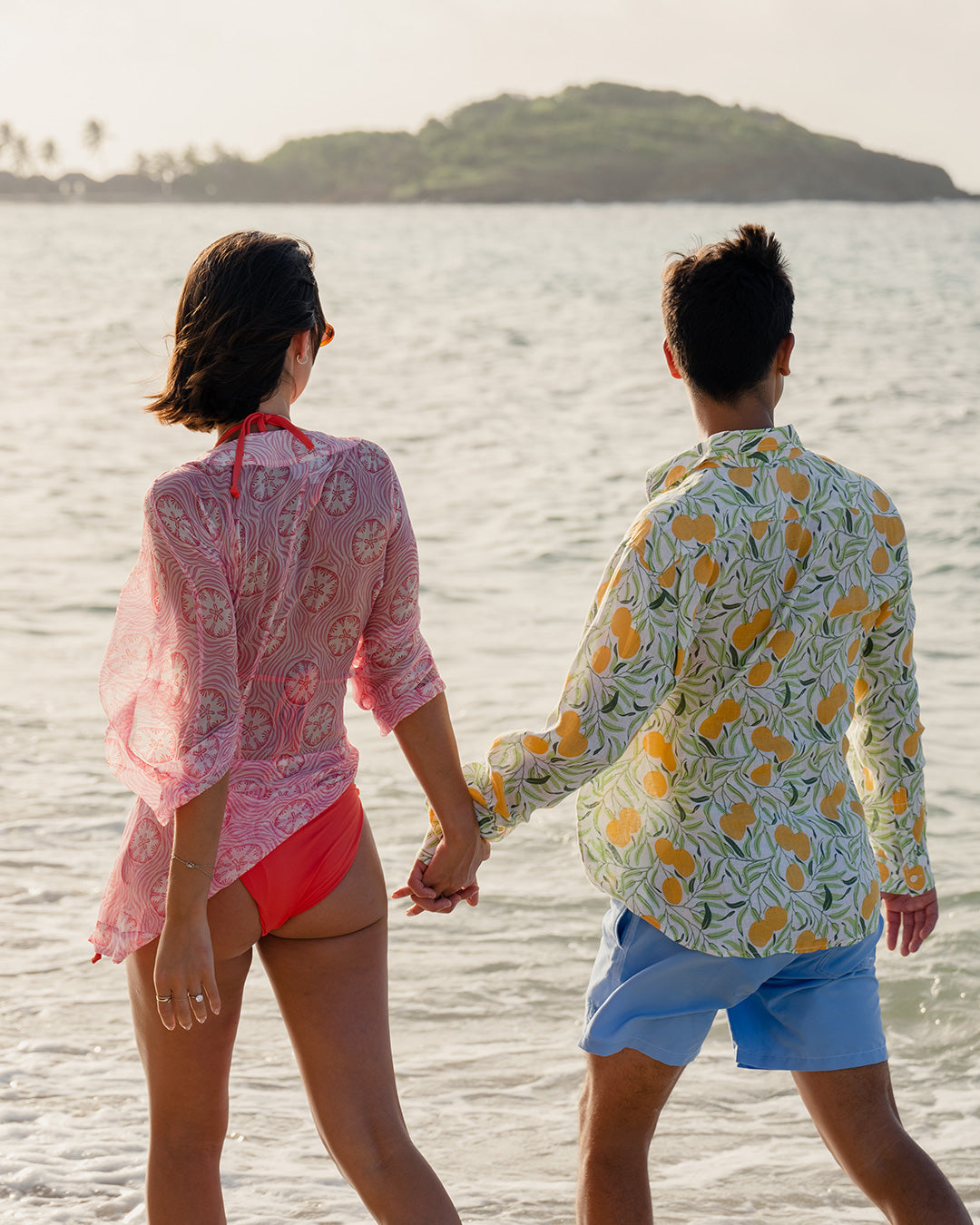 Island vacation shirt in green and yellow Mango print by Pink House