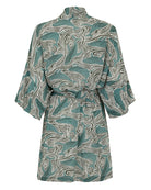 Back of silk Bed to beach robe in monochrome green-grey Whale print by designer Lotty B Mustique