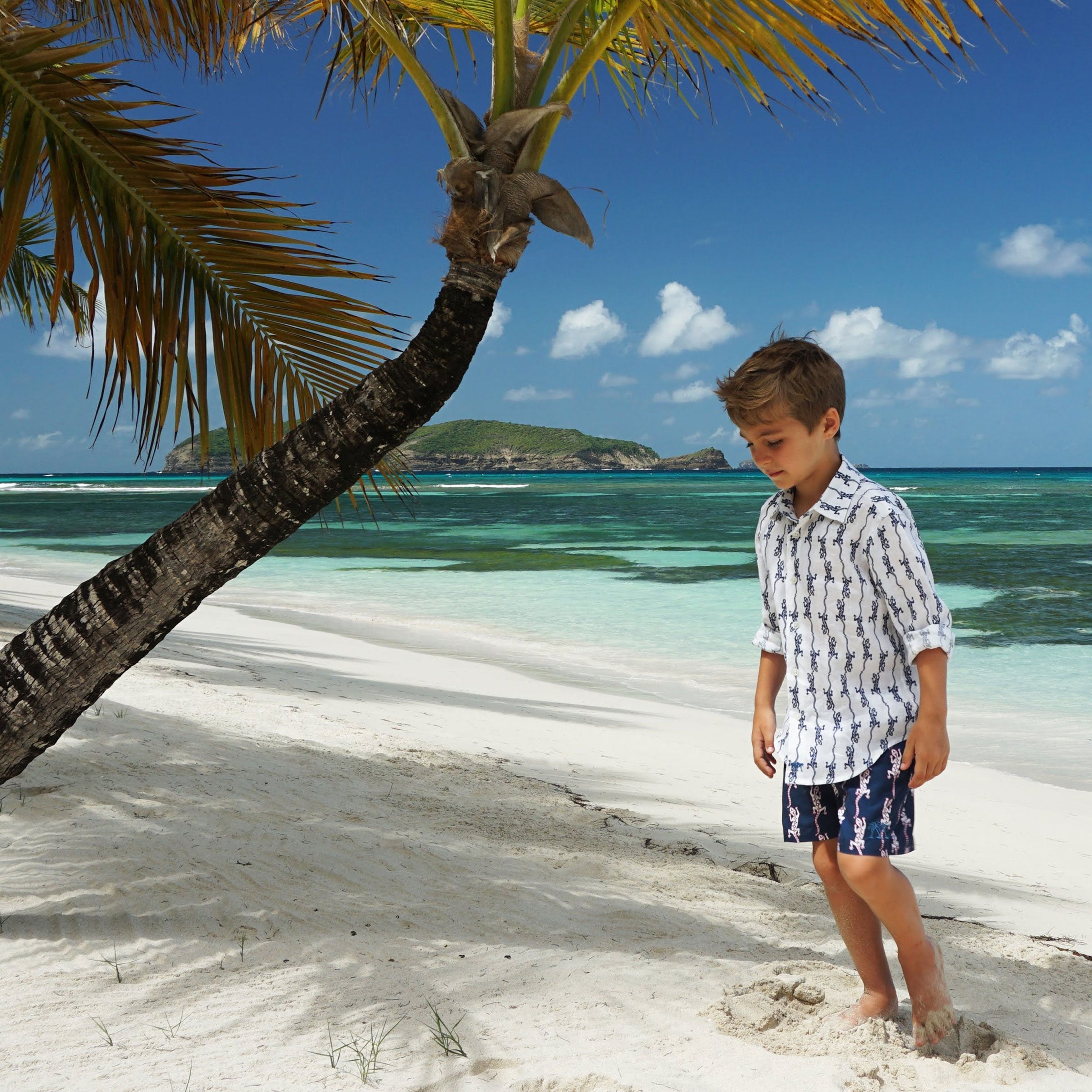 Boys swim trunks: GECKO - NAVY, Pink House Mustique childrens vacation styles designer Lotty B 