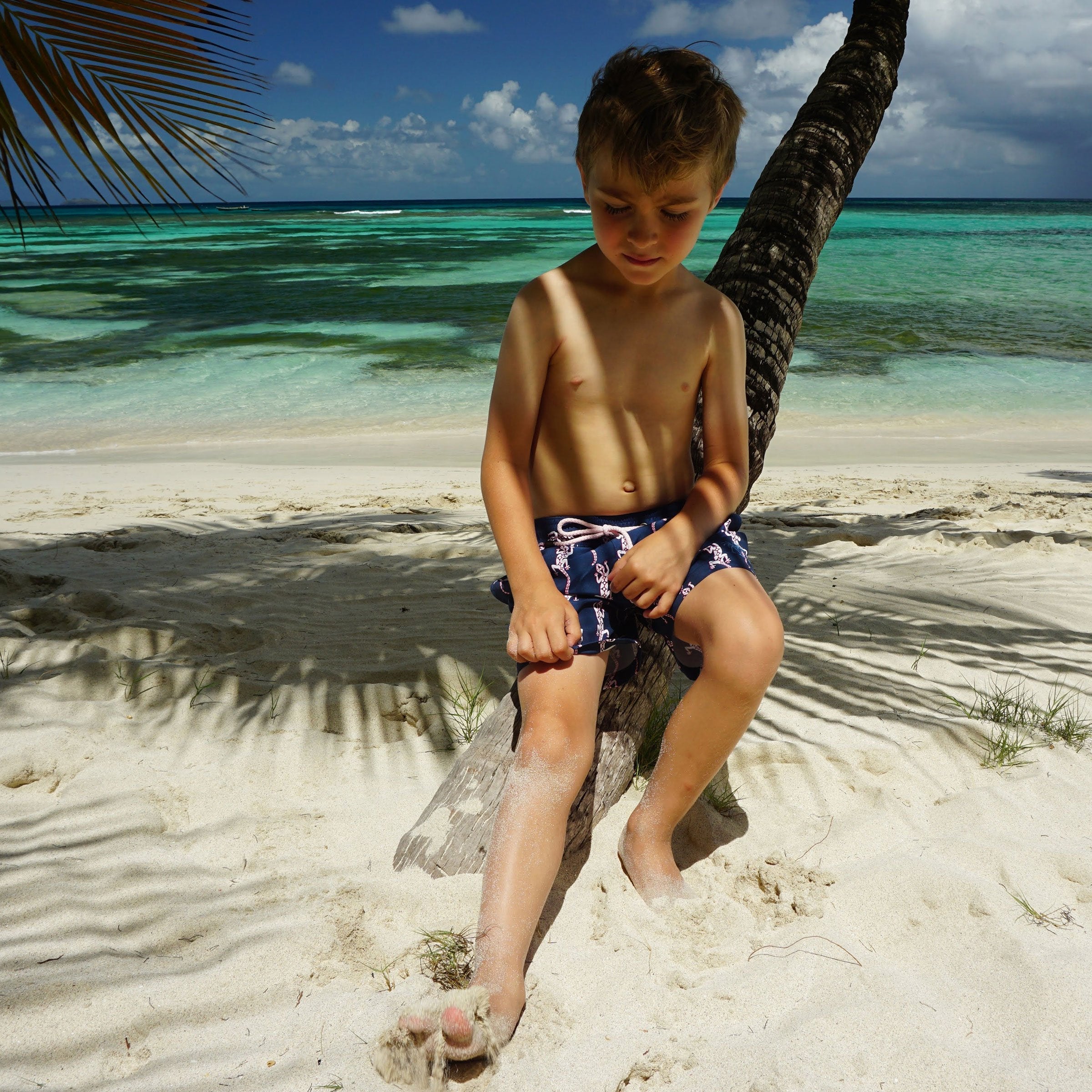 Boys swim trunks: GECKO - NAVY, Pink House Mustique childrens beach styles designer Lotty B 