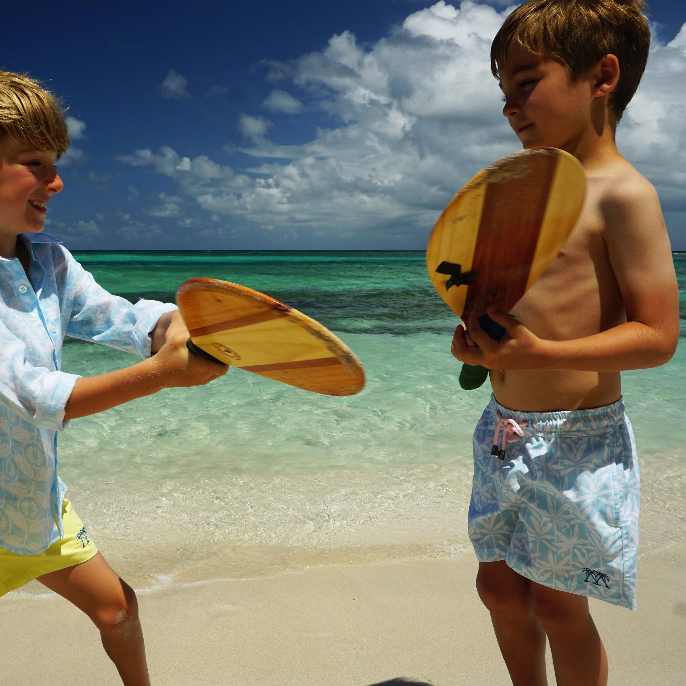 Boys swim trunks : BANANA TREE - PALE BLUE holiday kids styles, designer Lotty B for Pink House Mustique