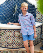 Kids pure linen vacation shirt in protea pink & blue print