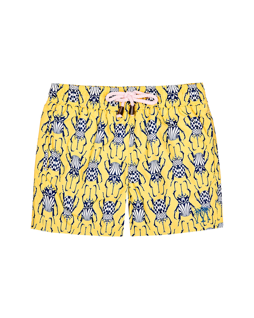 Kids swim shorts in yellow and navy Beetle print by Lotty B for Pink House