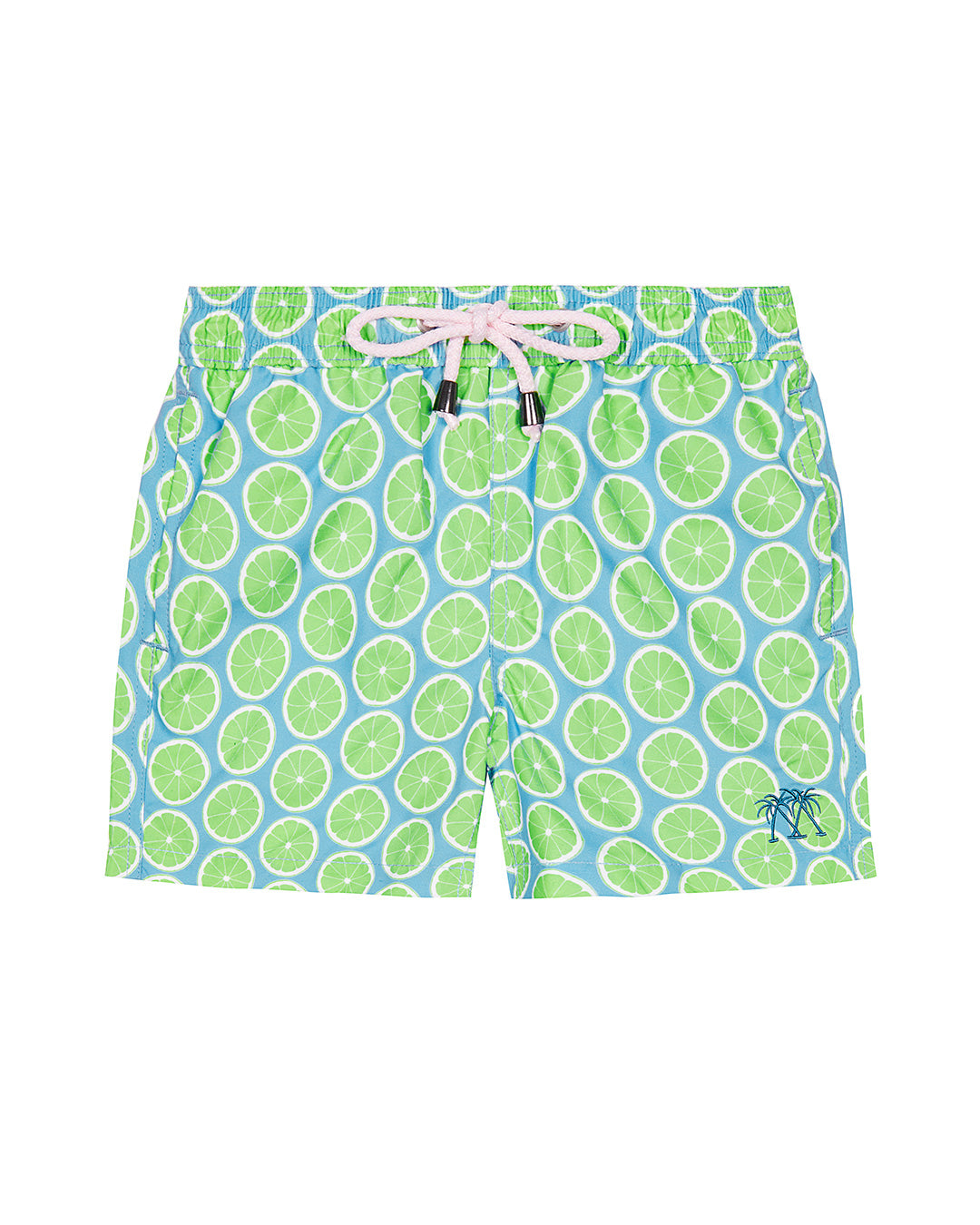 Kid's recycled fabric blue swim shorts with green Lime Slice print by Lotty B for Pink House