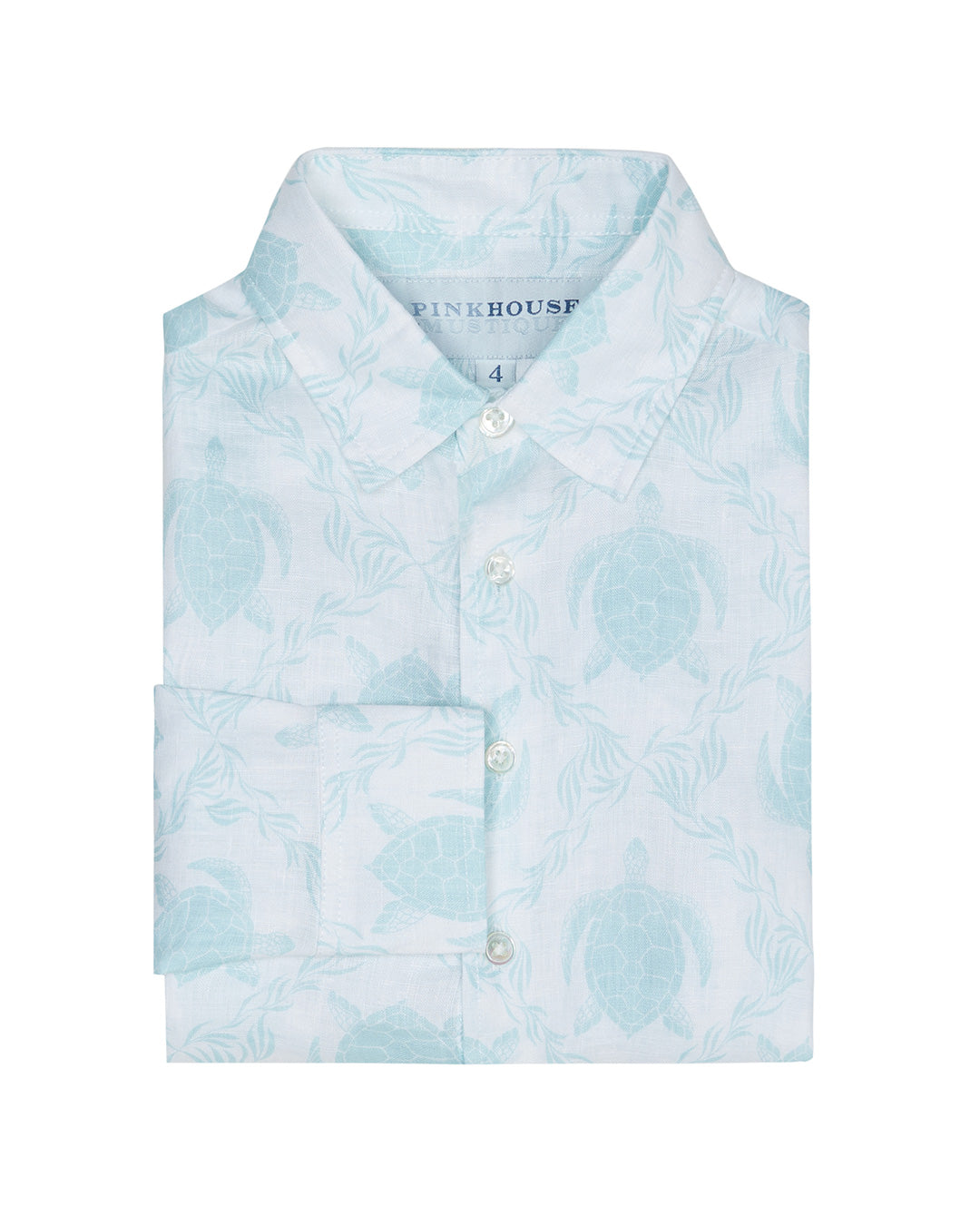 Kid's unisex pure linen shirt in pale blue Turtle print