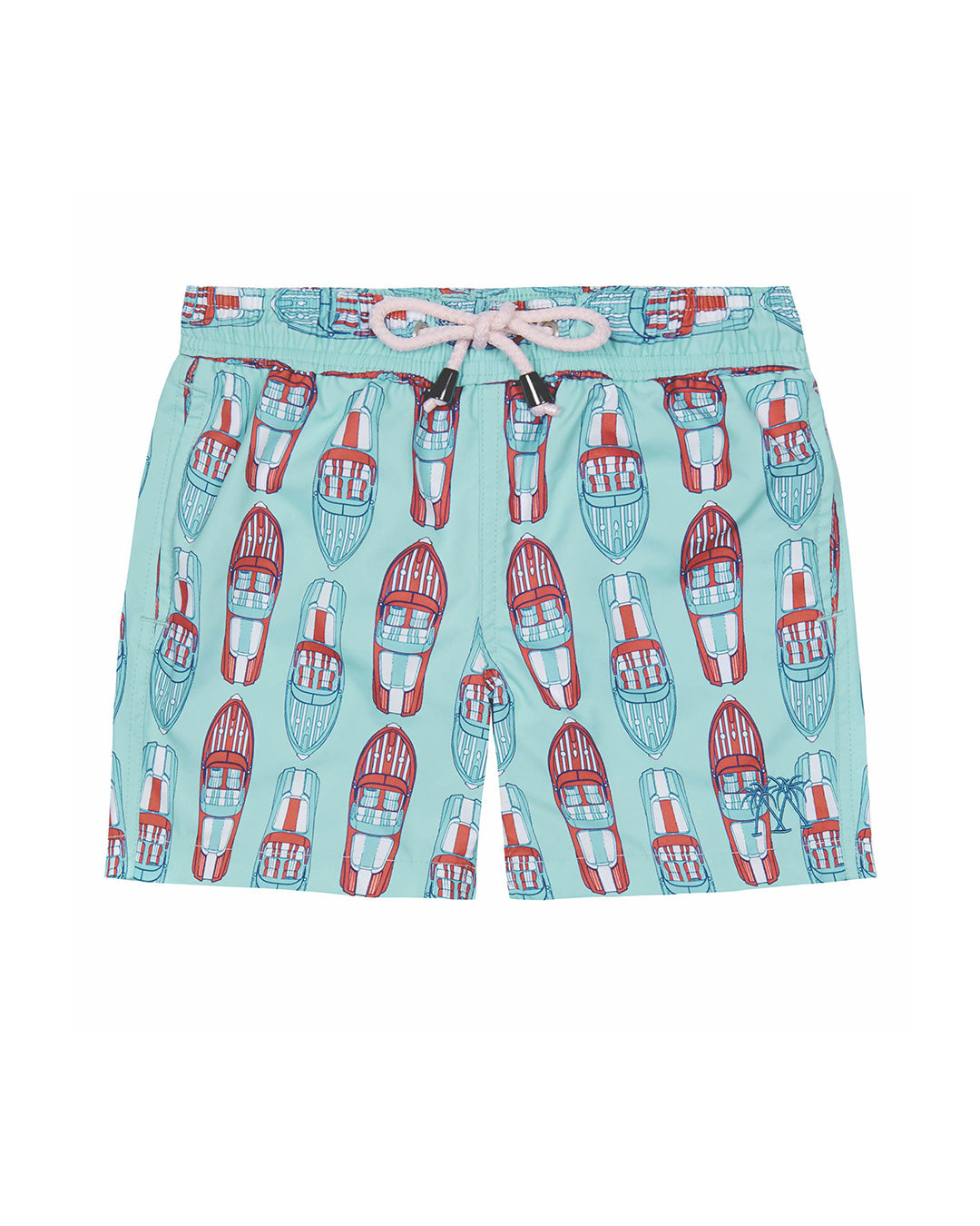 Boys recycled fabric turquoise blue swim shorts with red and blue Riva boat print by Lotty B