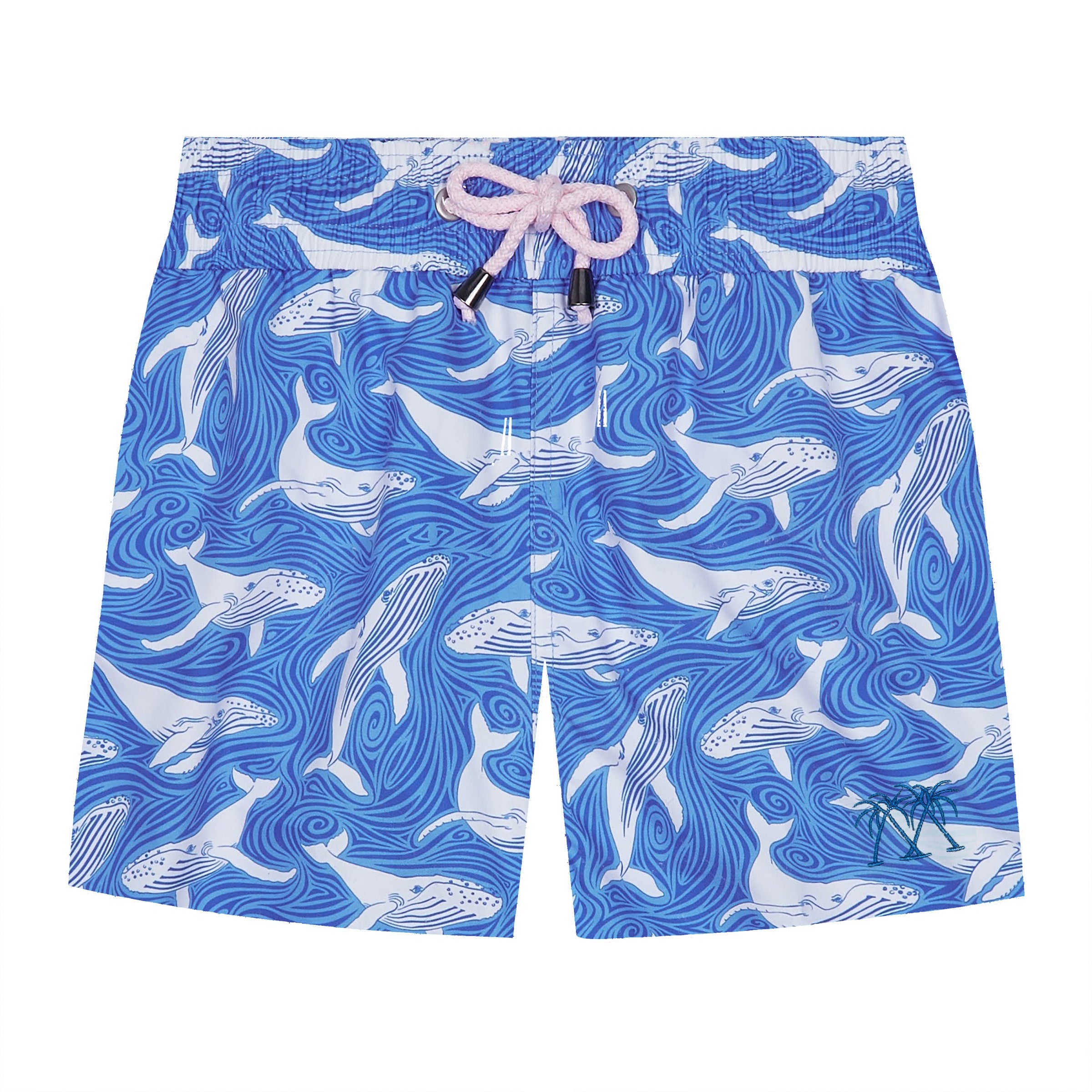 Kids swim shorts whale print blue by designer Lotty B Mustique