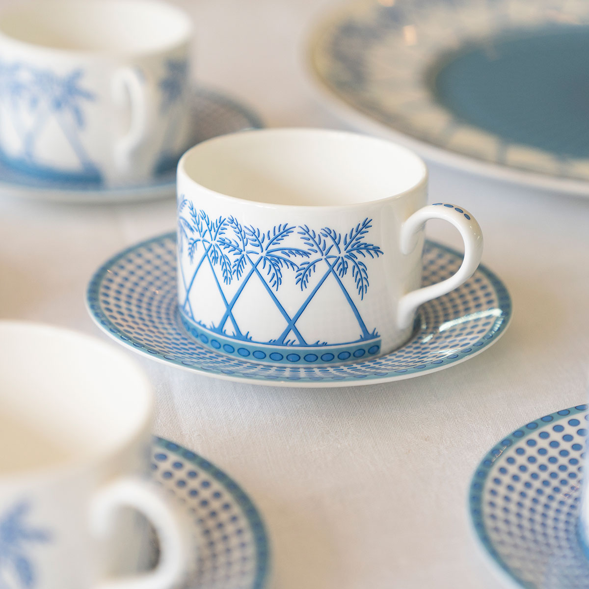 Finest fine bone china tableware in Palms blue design by Lotty B